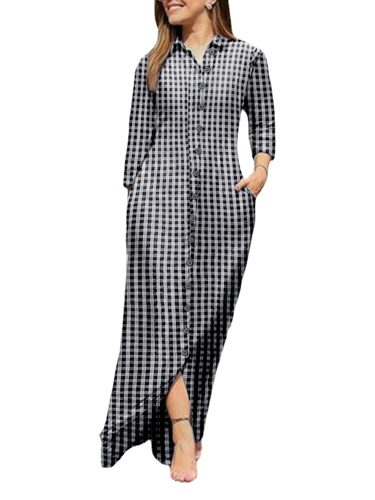 Casual Plaid Lapel Button Long Sleeve Shirt Dress