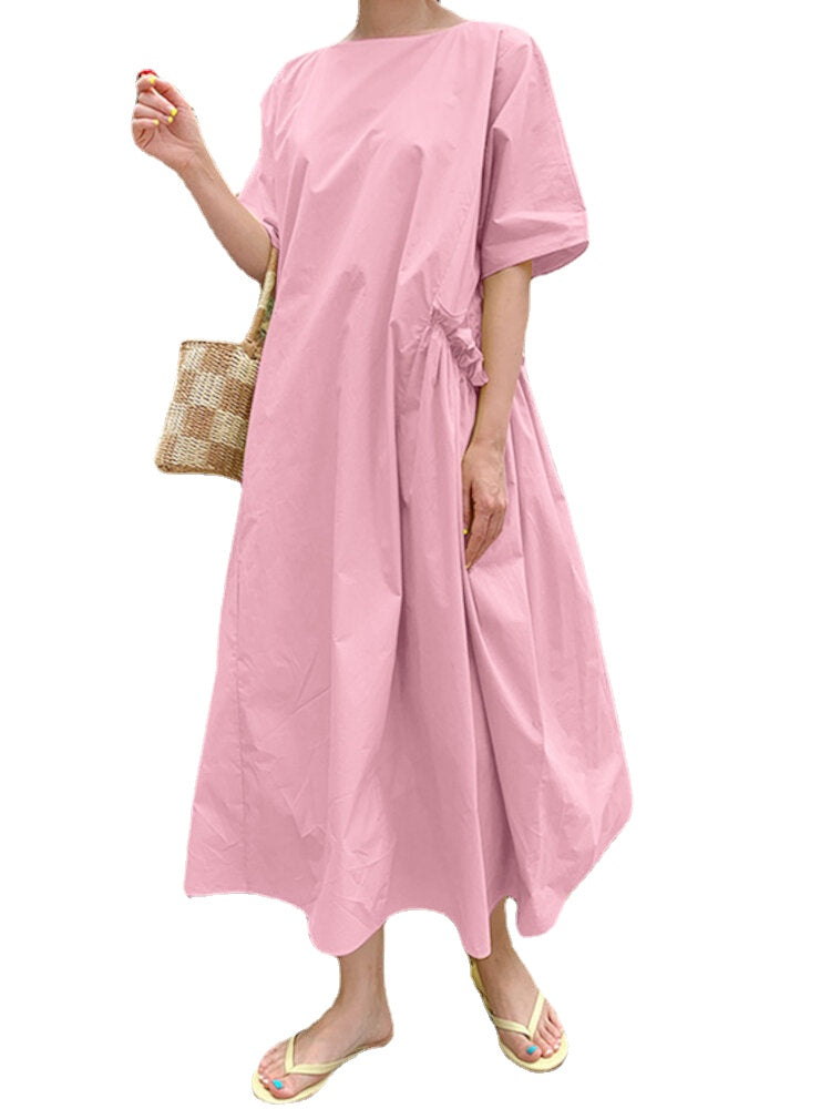 Casual Solid Color Round Neck Pleated Pocket Plain Maxi Dress