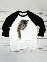Cute Cat Print Raglan Sleeves O-Neck Casual T-Shirt For Women