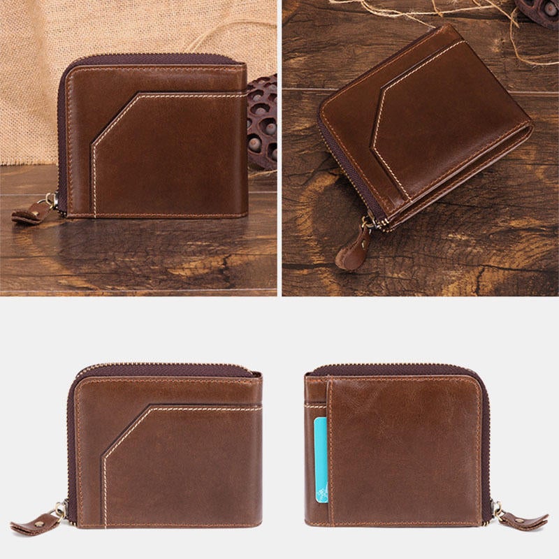 Men Genuine Leather Vintage Wallet RFID Blocking Zipper Coin Bag Card Holder