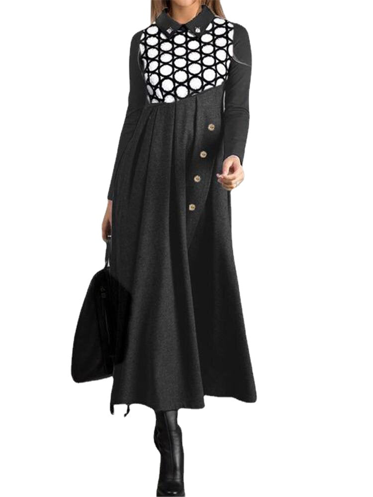 Women Polka Dot Print Patchwork Pleats Long Sleeve Maxi Dresses