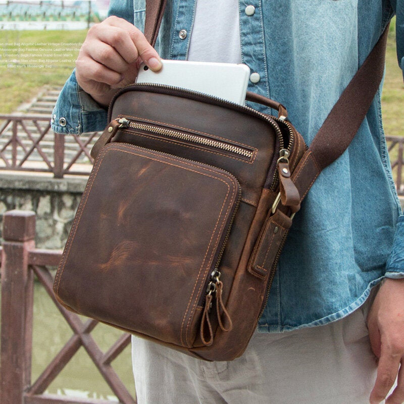 Men's Vintage Leather Multi-Pocket Briefcase Messenger Crossbody Bag