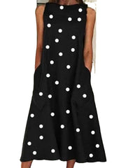 Women's Sleeveless Polka Dot Print Crew Neck Dress With Pocket