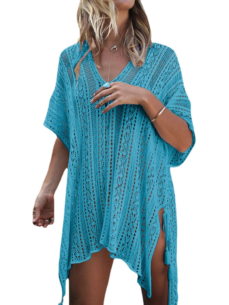 Women Crochet Solid Color Hollow Out Breathable Sunscreen Cover Ups