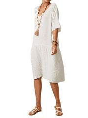 Casual Plain V-neck Half Sleeve Solid Color Midi Dress With Pocket