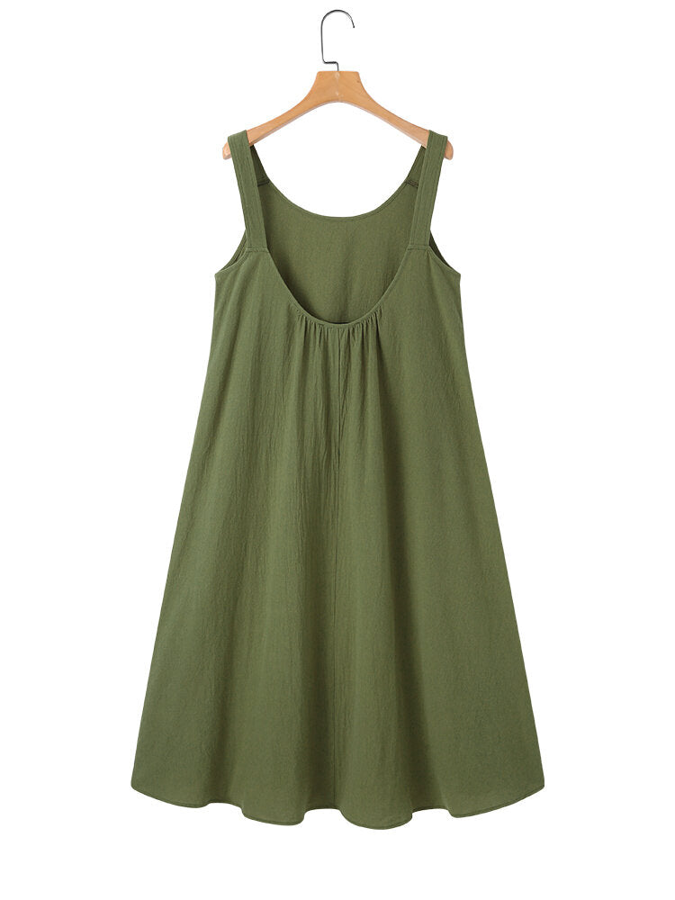 Cotton Solid Sleeveless Ruched Casual Midi Dress