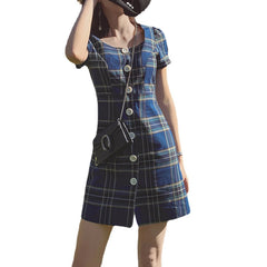 Plaid Square Neck Streetwear Holiday Women Dress