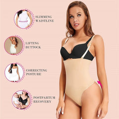 Women Waist Trainer Shapewear Thong Bodysuit Seamless Tummy Control Panty Body Shaper Beige