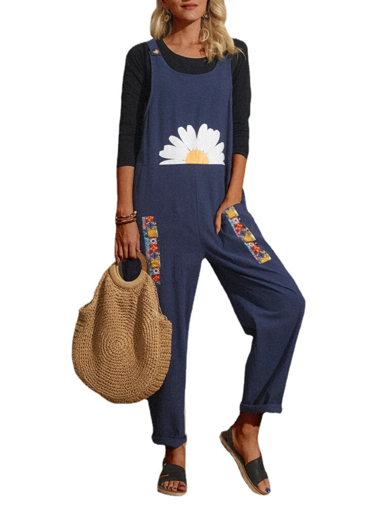 Flower Tribal Pattern Pocket Sleeveless Jumpsuit For Women