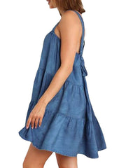 Women's Sleeveless Pure Color Ruched Square Neck Stylish Swing Denim Dress