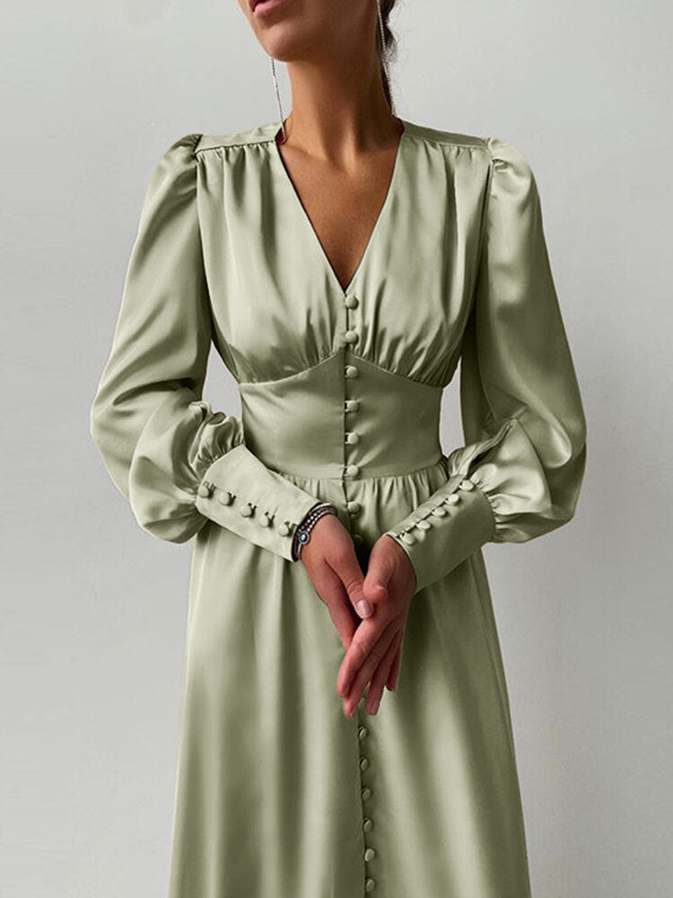 Women Satin Button Up V-Neck Long Sleeve Elegant Maxi Dresses