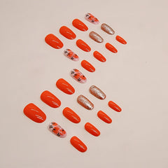 24pcs Almond Shape Press On Nails, Glitter Pumpkin Decor, Full Cover Fake Nails for Women & Girls