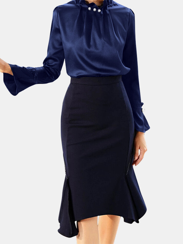 Solid Color Pearl Flared Long Sleeve Ruffled Office Blouse For Women