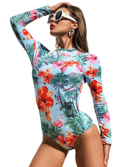 Tropical Leaves Print High Neck Backless Long Sleeve Slimming One Piece Women Swimwear