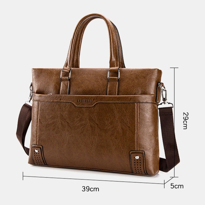 Men Large Capacity Horizontal Soft Leather 14 Inch Laptop Bag Briefcase Handbag Back Anti-theft Pocket Crossbody