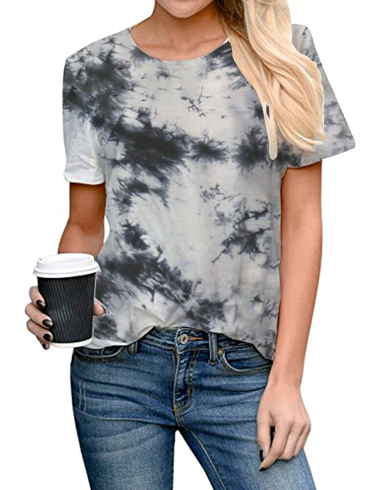 Tie-dye Print Round Neck Short Sleeve Loose Casual T-shirts Women