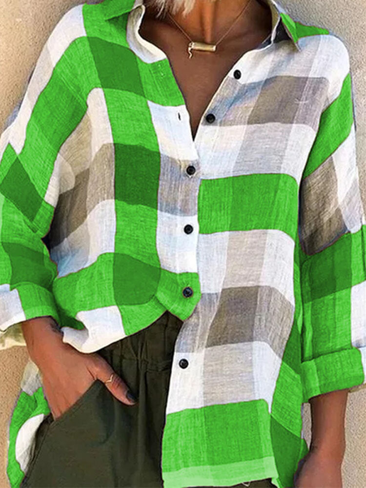 Women Plaid Button Up Lapel Loose Casual Long Sleeve Shirts