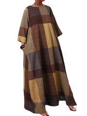 Women Plaid Printing Crew Neck 3/4 Sleeve Daily Loose Casual Maxi Dress