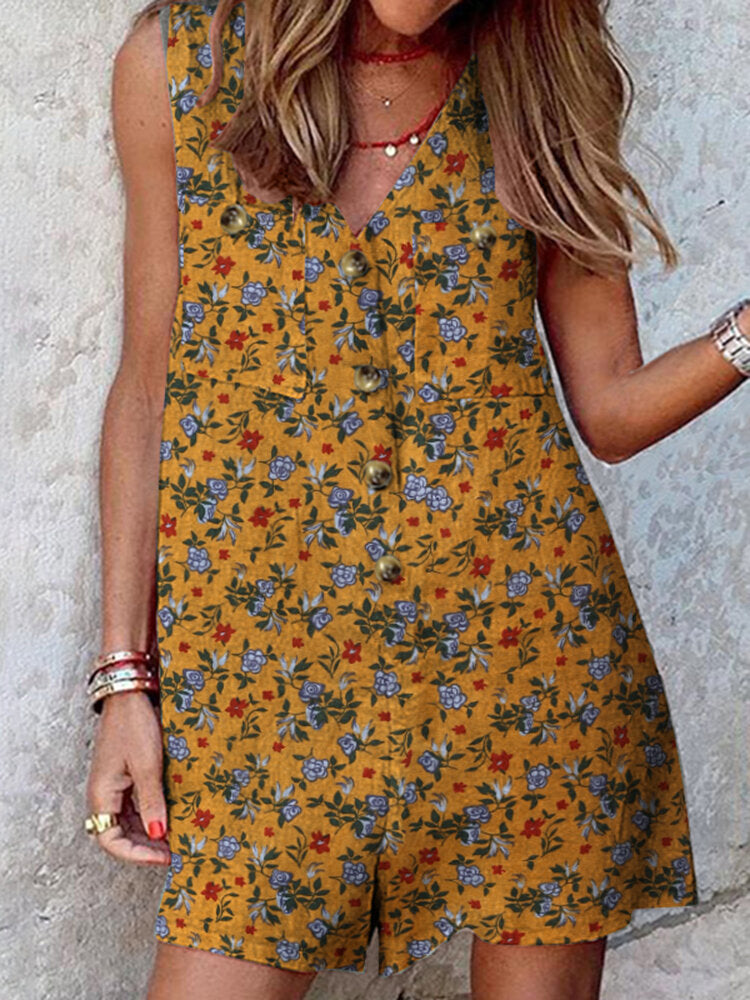 Leisure Calico Button Pocket Sleeveless V Neck Cotton Romper