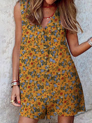 Leisure Calico Button Pocket Sleeveless V Neck Cotton Romper
