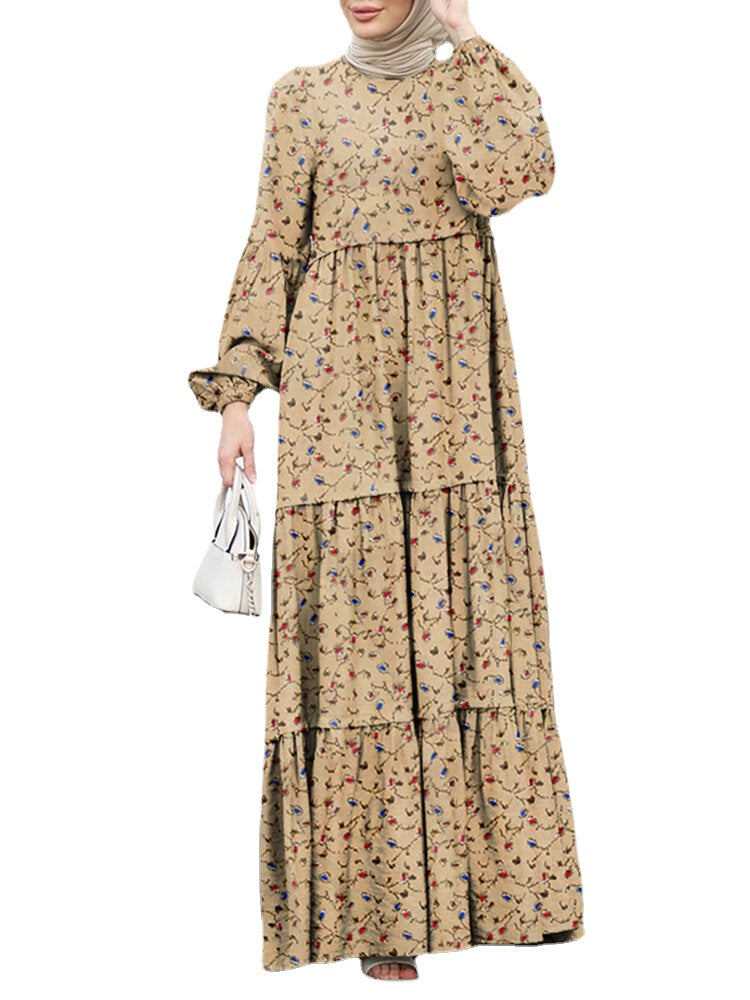 Women Floral Print Tiered Round Neck Button Back Casual Puff Sleeve Maxi Dresses