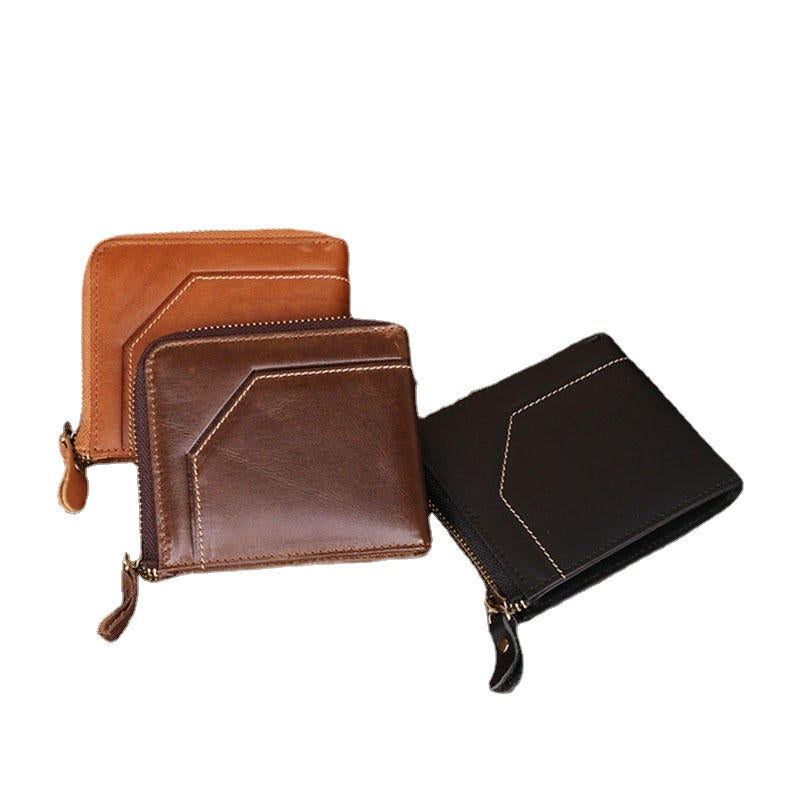 Men Genuine Leather Vintage Wallet RFID Blocking Zipper Coin Bag Card Holder