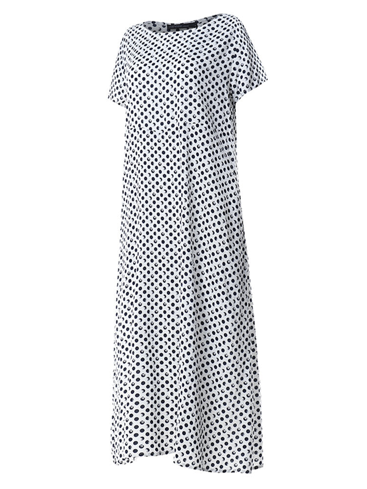 Women Crewneck Polka Dot Print Short Sleeve Midi Dress