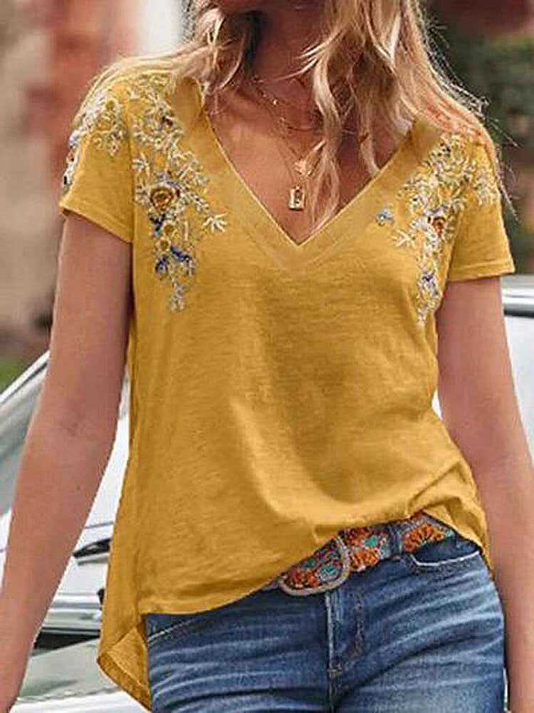 Floral Embroidery V-Neck Short Sleeve Casual T-Shirts For Women