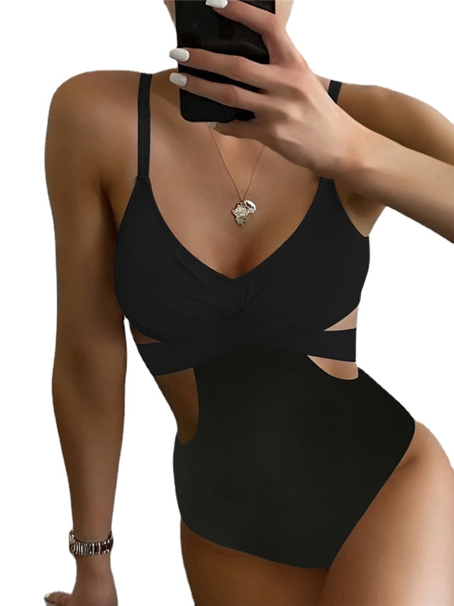 Women's Swimwear One Piece Monokini Bathing Suits Normal Swimsuit Open Back Printing High Waisted fold over Leaves Pure Color Black Wine Navy Blue Strap Bathing Suits Sexy Vacation Fashion / Modern