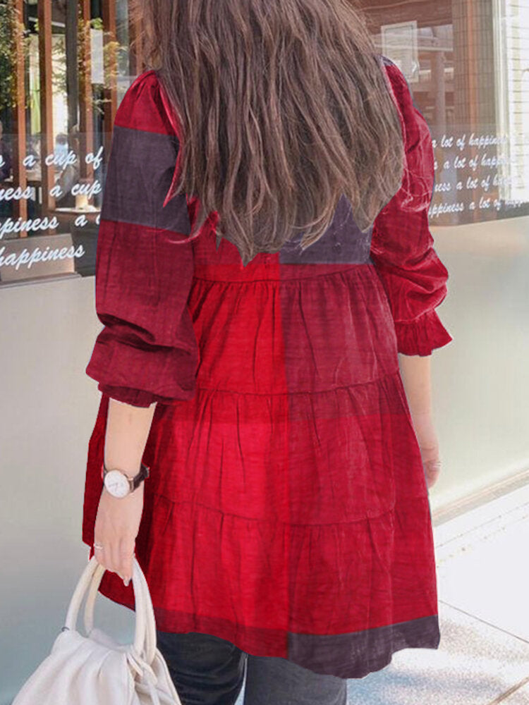 Women Plaid Puff Sleeve Loose Splicing O-neck Pleated Plain Casual Blouses