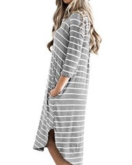 Women Stripes 3/4 Sleeves High Low Hem Dress with Pocket