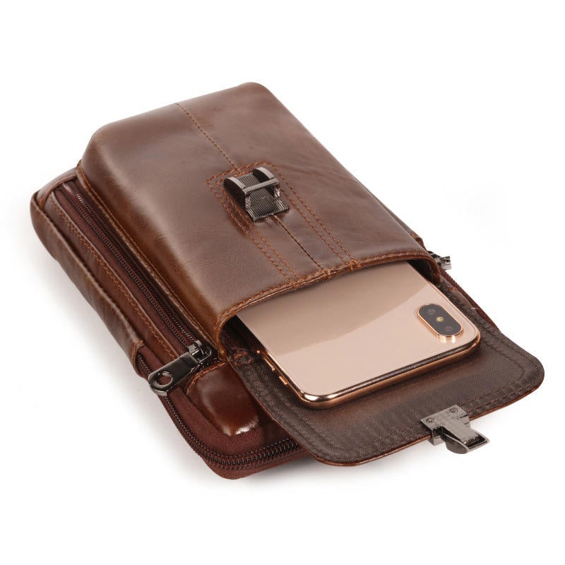 Men Genuine Leather Waist Bag Shoulder Phone