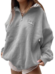 Women Letter Half Zipper Front Drop Shoulder Pullover Casual Sweatshirts