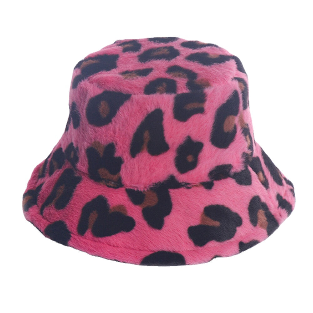 Women Rabbit Hair Leopard Pattern Casual Warm All-match Bucket Hat