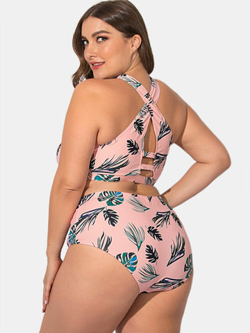 Women Plus Size Criss Cross Strappy Printed High Waist Bikini