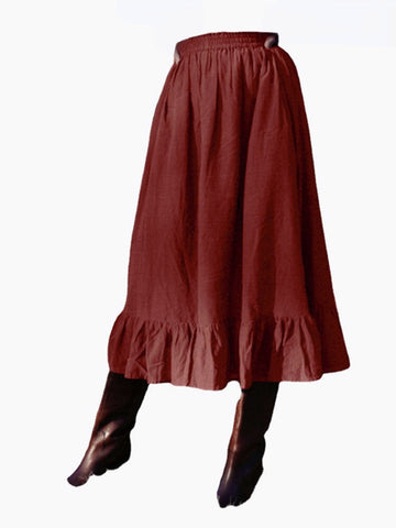 Solid Color A-Line Ruffle Hem Elastic Waist Pleated Casual Skirts For Women