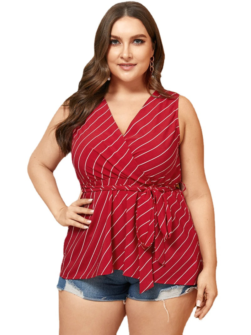 Plus Size Belt Design Striped V-neck Tank Top