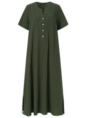 Casual Solid Crew Neck Short Sleeve Button Bohemia Maxi Dress