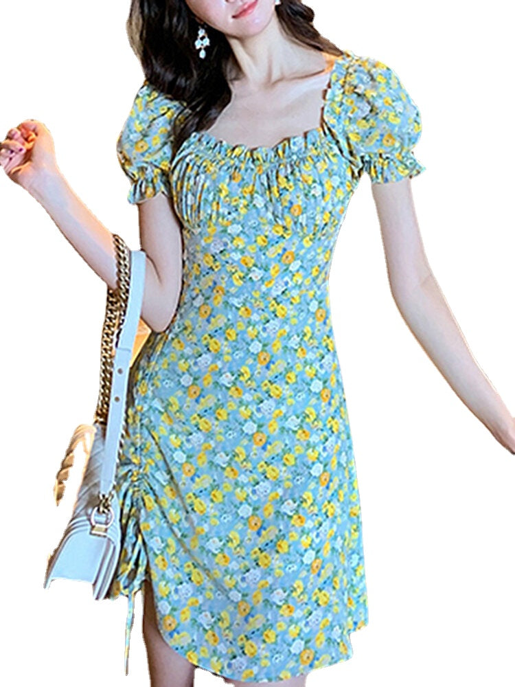 Puff Sleeve Floral Leisure Summer Holiday Casual Dress For Women