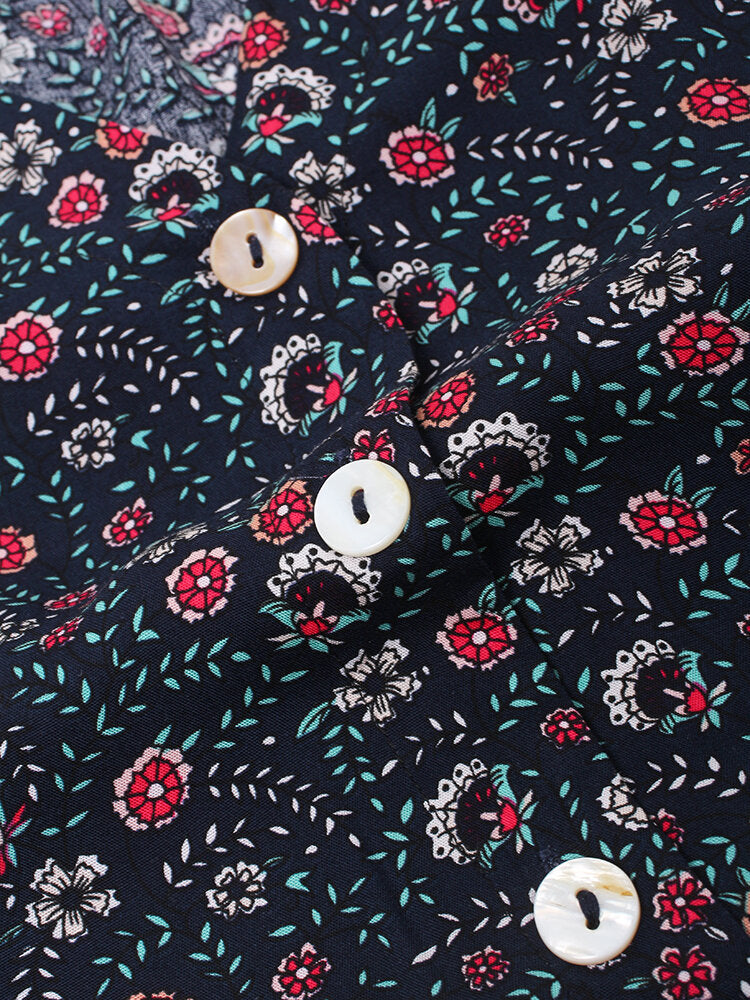 Bohemia Floral Ethnic V-neck Button Short Sleeve Print Dress