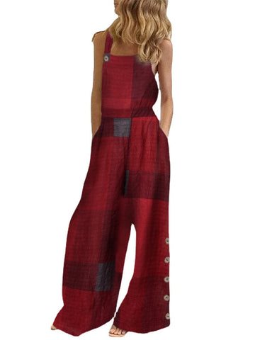 Women Plaid Sleeveless Side Button Wide-Leg Casual Jumpsuits With Pocket
