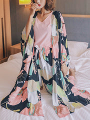 4Pcs Women V-Neck Sleeveless Pink Tops Floral Print Pants Home Casual Pajamas With Robes