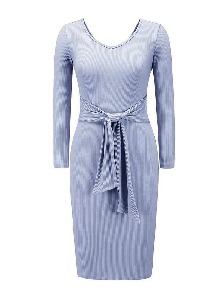Long Sleeve Belted Knit Bodycon Solid Color Midi Dress