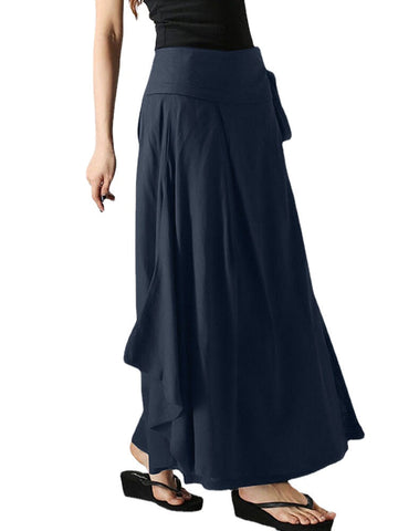 Solid Pocket Knotted Pleated Cotton Casual Skirt