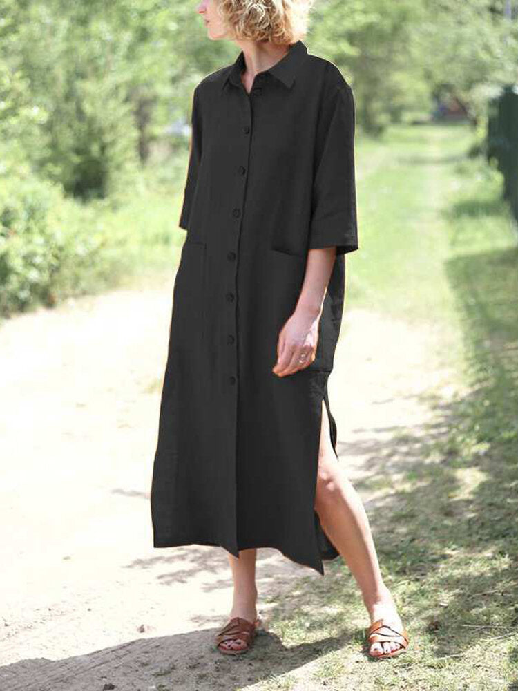 Women Solid Color Button Up Lapel 3/4 Sleeve Casual Loose Shirt Midi Dress With Pockets