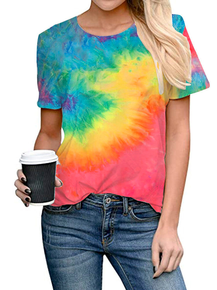 Tie-dye Print Round Neck Short Sleeve Loose Casual T-shirts Women