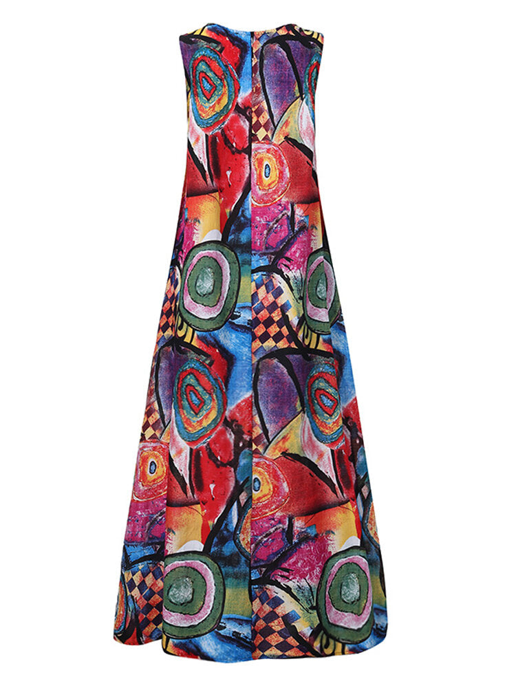 Women Retro O-neck Floral Print Sleeveless Maxi Dress