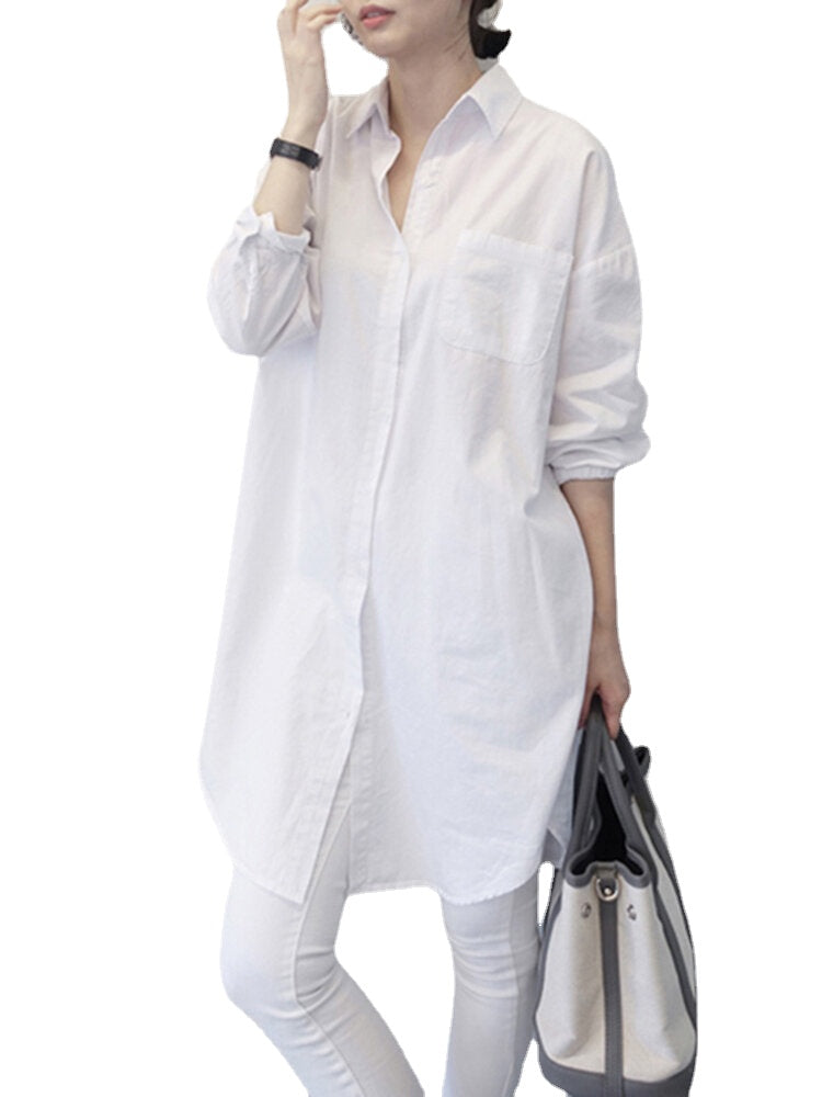 Women Pure Color Lapel Chest Pocket Loose Casual Long Sleeve Shirts