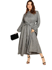 Solid Color Ruffle Stand Collar Puff Sleeve Plus Size Knotted Dress