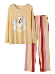 Plus Size Women Dog Print Striped Pants Loose Long Sleeve Loungewear Pajamas Sets